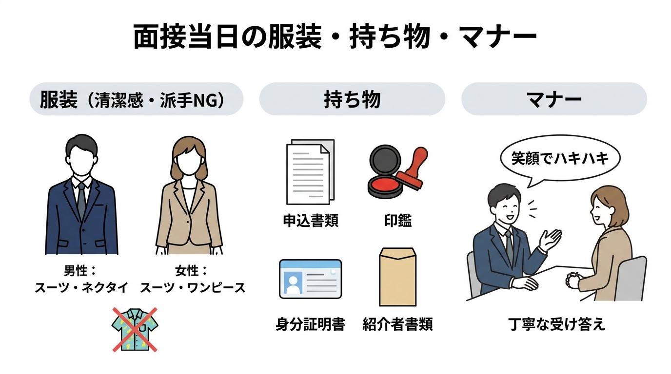ゴルフ会員権の面接当日の服装・持ち物のポイントを示した図解