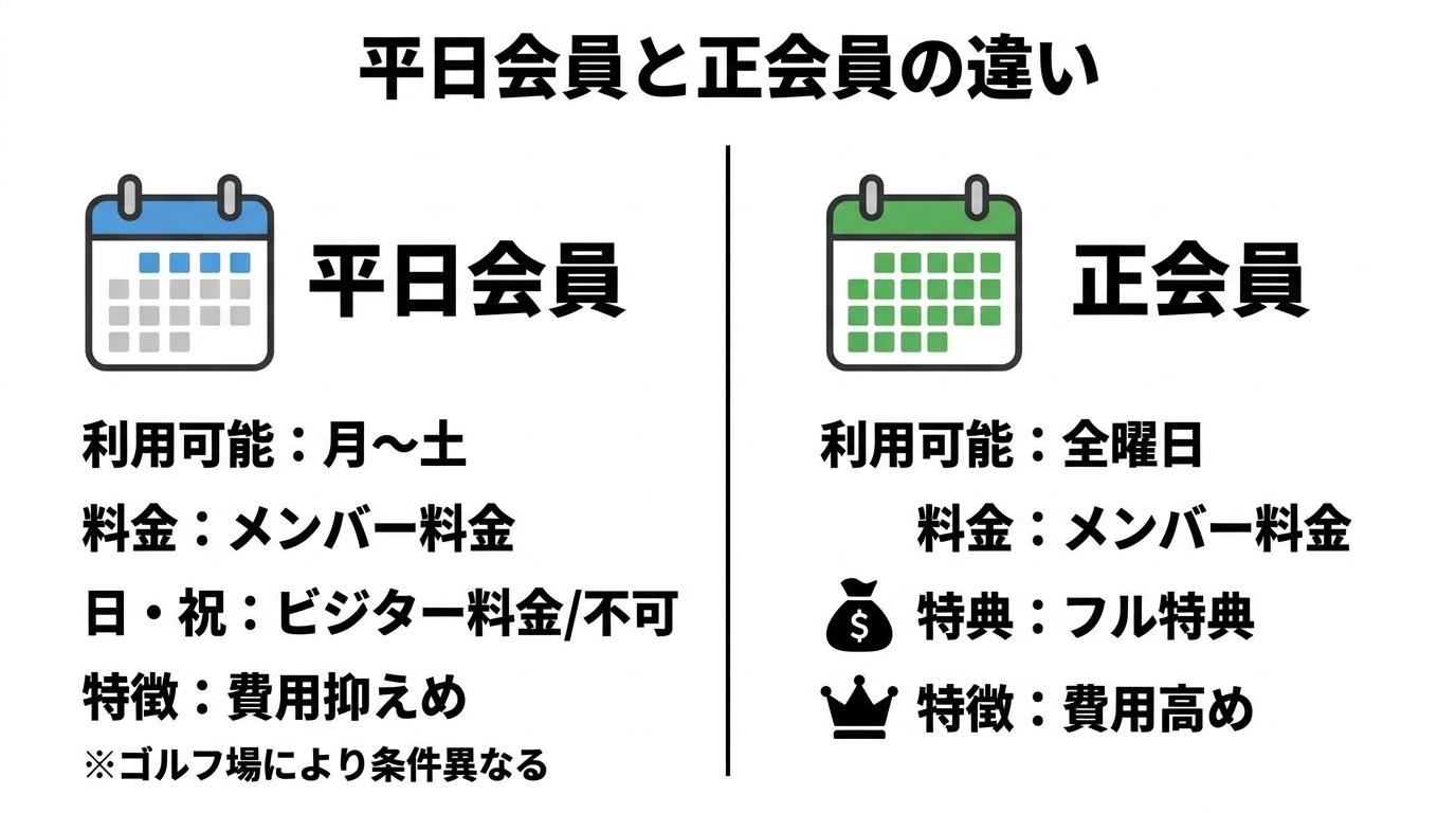 ゴルフ会員権の平日会員と正会員の違いを比較した図解