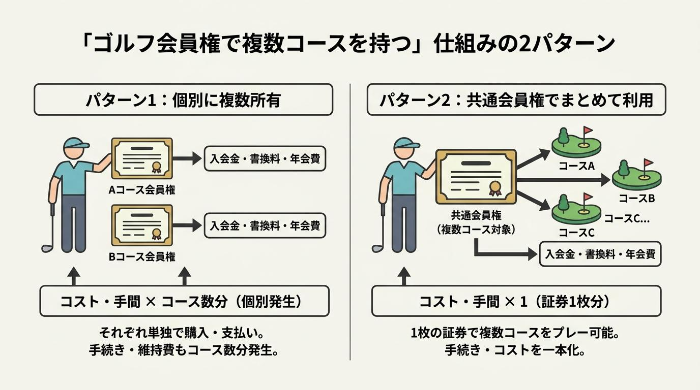 ゴルフ会員権で複数コースを持つ仕組みの2パターン、個別に複数所有と共通会員権の違いを示した図解