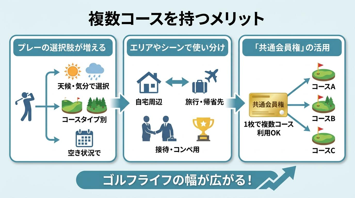 ゴルフ会員権で複数コースを持つメリットを示した図解、プレーの選択肢が増える・エリアやシーンで使い分け・共通会員権の活用