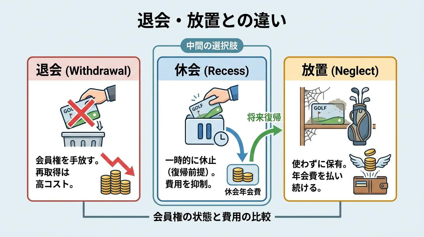 ゴルフ会員権の退会・休会・放置を比較した図解、会員権の状態と費用の違いを示す
