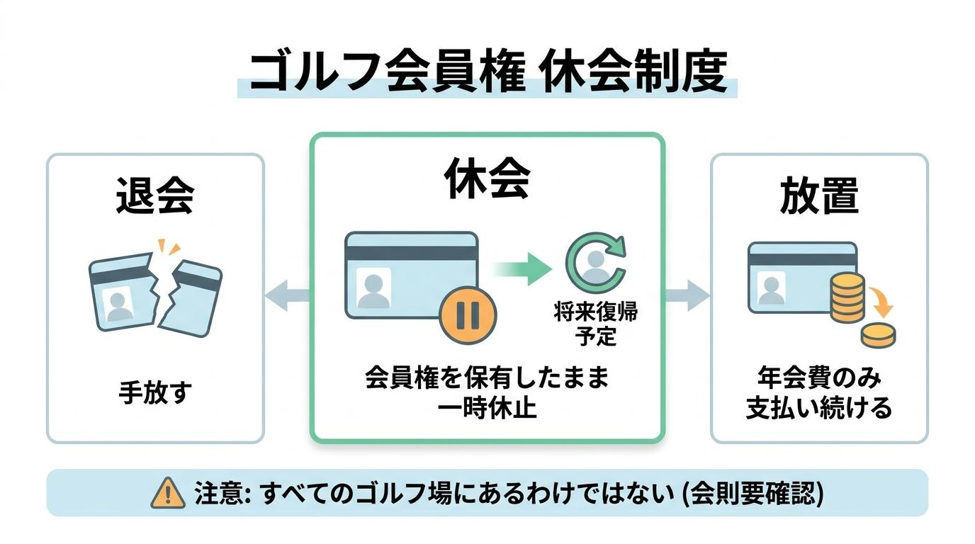ゴルフ会員権の休会制度を示す図解、退会・休会・放置の3つの選択肢とそれぞれの違い