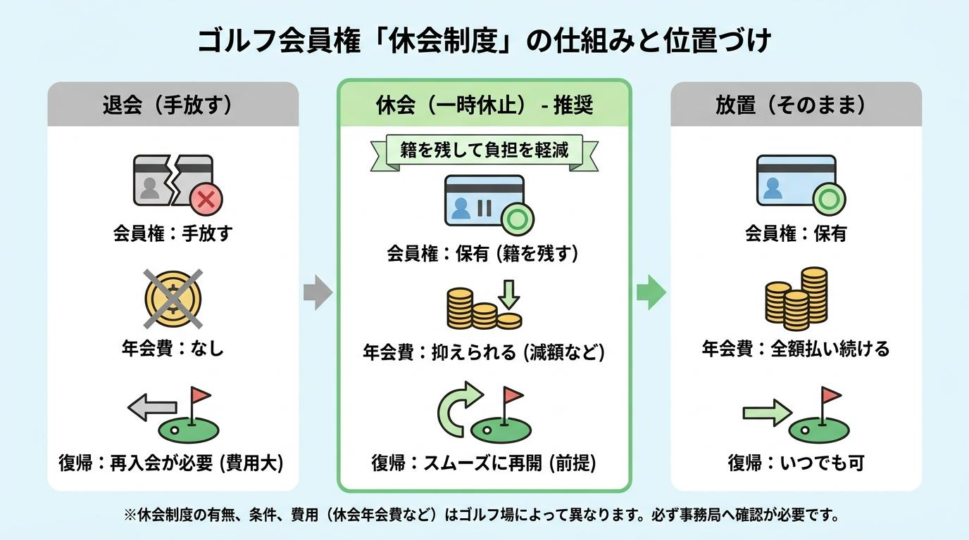 ゴルフ会員権の退会・休会・放置の仕組みと位置づけを示す図解、休会が中間の選択肢としておすすめであることを示す