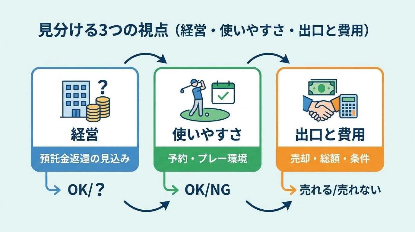 買ってはいけないゴルフ会員権を見分ける3つの視点、経営・使いやすさ・出口と費用を示す図解