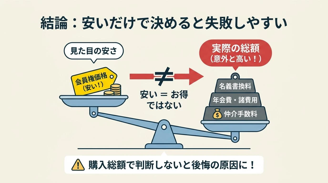 ゴルフ会員権の価格が安くても、名義書換料や年会費、仲介手数料を足すと実際の総額が高くなることを示す天秤の図解
